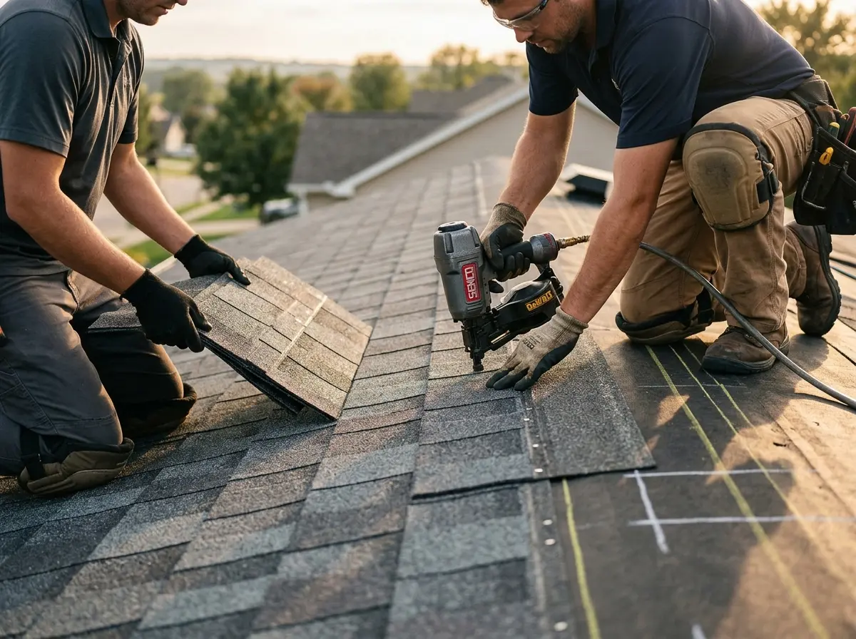Professional roofer working on a residential roof in Solvay
